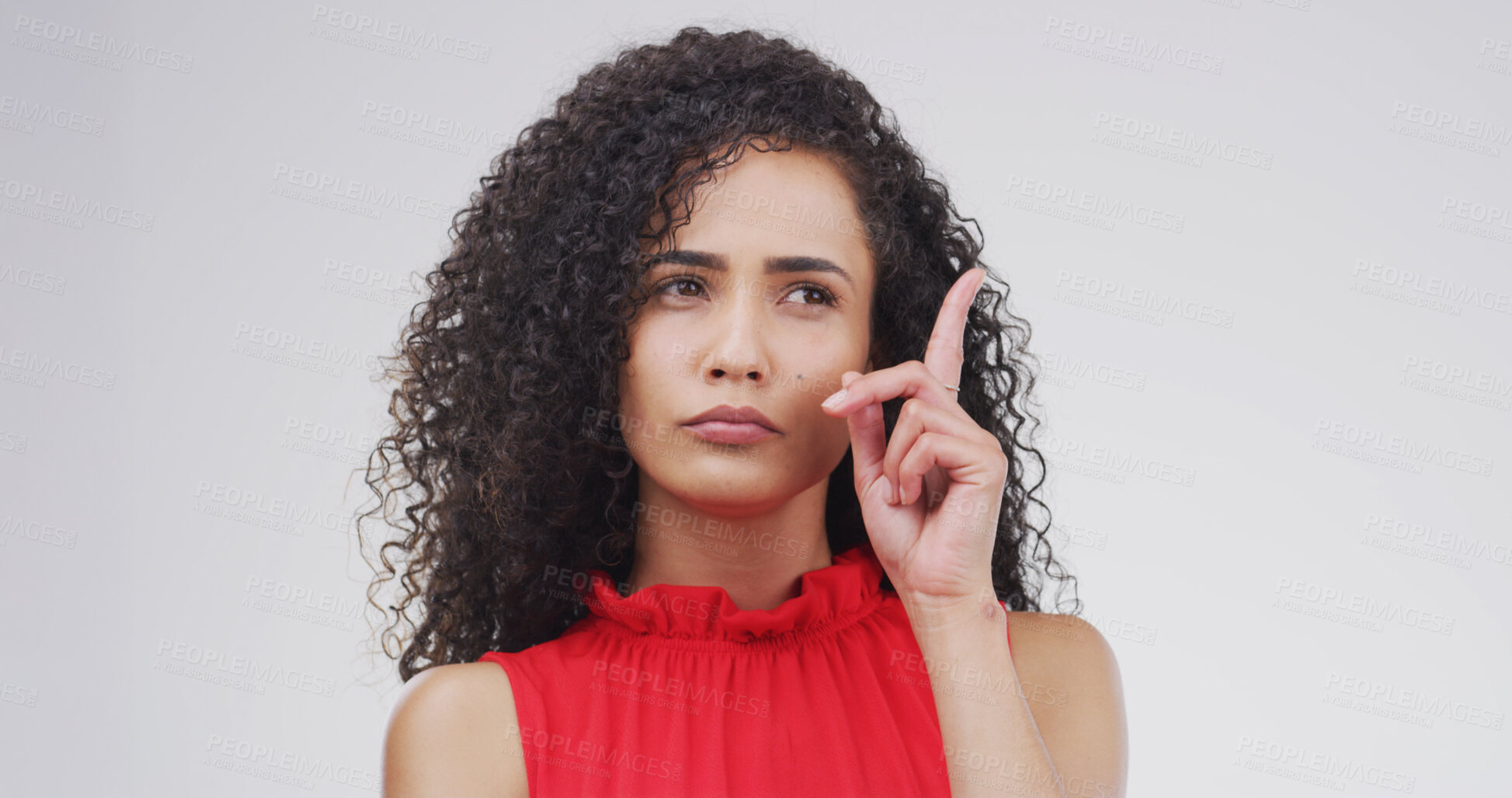 Buy stock photo Thinking, ideas and woman in studio, questions and contemplation on white background. Opportunity, space and person with planning, choice and problem solving with decision, brainstorming or selection