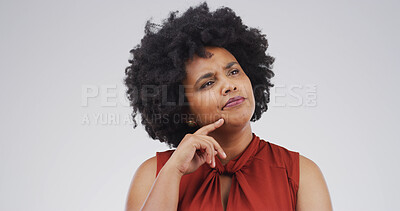 Buy stock photo African woman, thinking and studio with doubt, mock up space and confused on white background. Person, perspective and reflection for decision, solution and choice with insight for problem solving