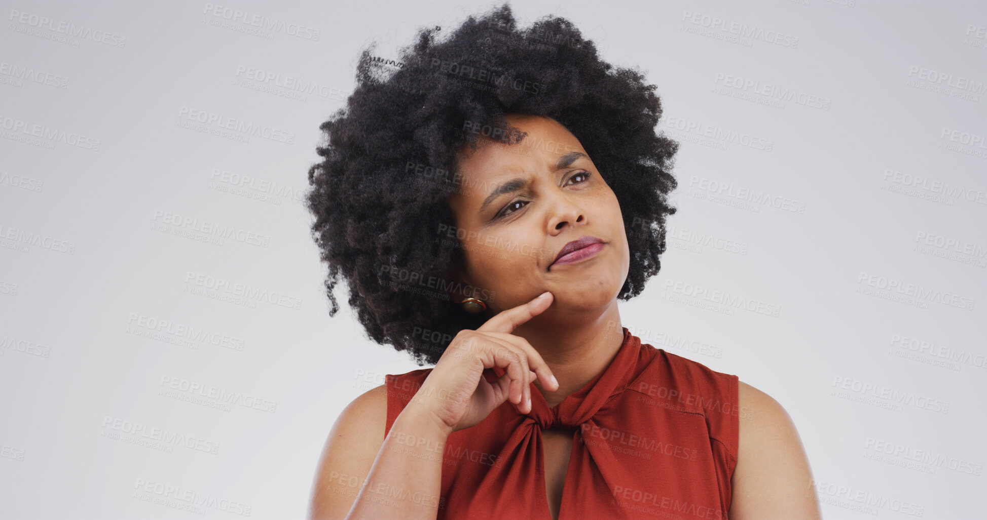 Buy stock photo African woman, thinking and studio with doubt, mock up space and confused on white background. Person, perspective and reflection for decision, solution and choice with insight for problem solving
