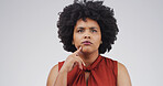 African woman, thinking and studio with reflection, mock up space and confused on white background. Person, perspective and doubt for decision, solution or choice with insight for problem solving