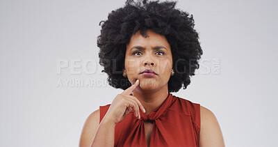 Buy stock photo African woman, thinking and studio with reflection, mock up space and confused on white background. Person, perspective and doubt for decision, solution or choice with insight for problem solving
