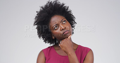 Buy stock photo Why, thinking and black woman with question in studio for suspicious news, confused or doubt. Mockup space, person or frown emoji on white background for fake gossip, brainstorming or problem solving