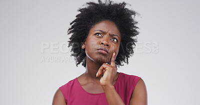Buy stock photo Thinking, decision and black woman in studio with uncertain for ideas, brainstorming or question. Choice, mockup space and African person with problem solving, planning or doubt by white background.