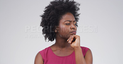 Buy stock photo Black woman, thinking and studio for reflection, mockup space pr confused on white background. African person, perspective and doubt for decision, solution and choice with insight for problem solving