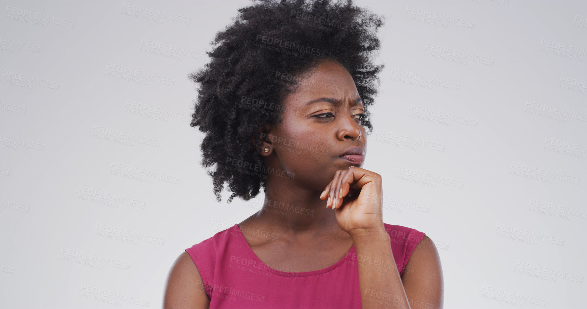 Buy stock photo Black woman, thinking and studio for reflection, mockup space pr confused on white background. African person, perspective and doubt for decision, solution and choice with insight for problem solving