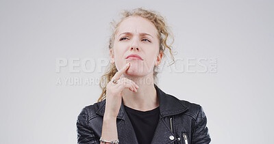 Buy stock photo Face, thinking and question with woman on studio space for brainstorming, planning or problem solving. Ideas, solution and vision with person isolated on white background for thoughtful contemplation