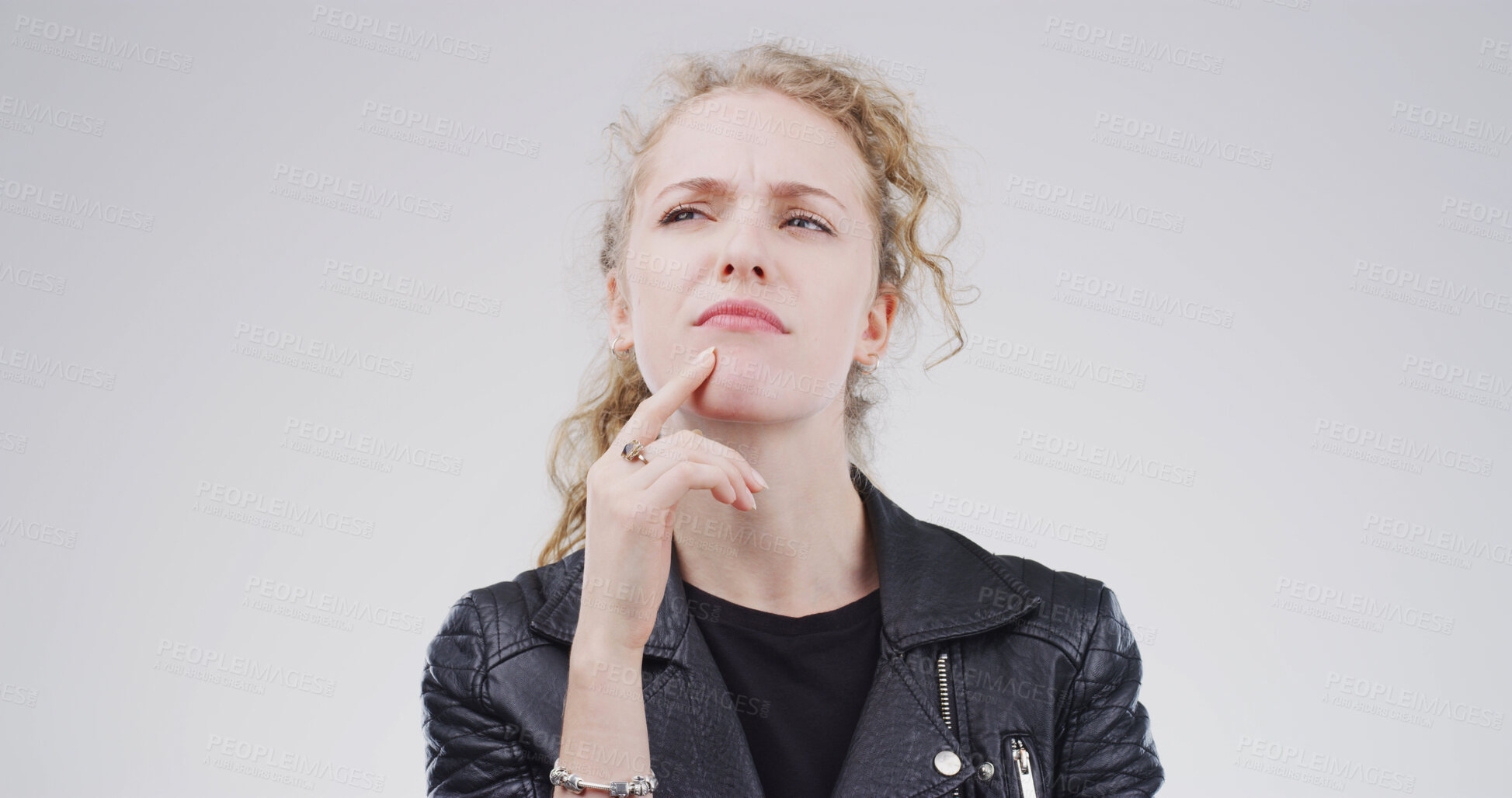 Buy stock photo Face, thinking and question with woman on studio space for brainstorming, planning or problem solving. Ideas, solution and vision with person isolated on white background for thoughtful contemplation
