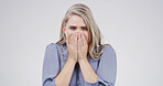 Shock, scared and portrait of woman in studio with bad news, announcement or omg. Face expression, surprise and cover mouth with model for horror, fear and wow with wtf on white background space