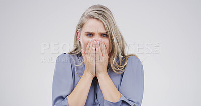 Buy stock photo Shock, scared and portrait of woman in studio with bad news, announcement or omg. Face expression, surprise and cover mouth with model for horror, fear and wow with wtf on white background space