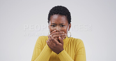 Buy stock photo Portrait, shocked and black woman in studio, scared and announcement on white background. African person, phobia and surprise with fear, secret and notification with space, wow reaction and horror