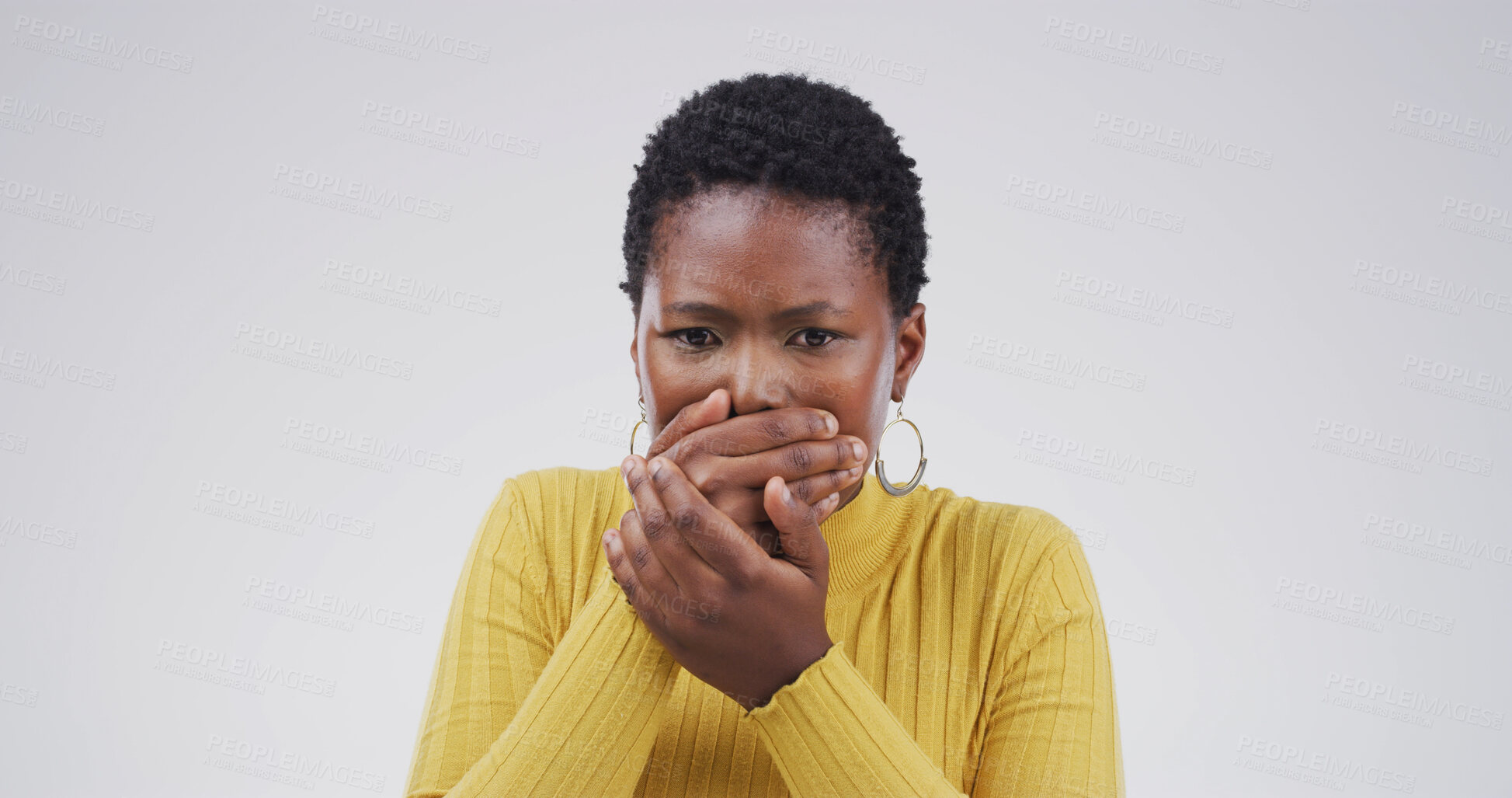 Buy stock photo Portrait, shocked and black woman in studio, scared and announcement on white background. African person, phobia and surprise with fear, secret and notification with space, wow reaction and horror