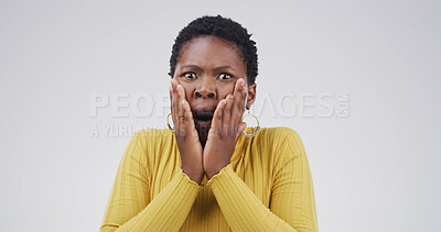 Buy stock photo Surprise, portrait and woman with fear in studio for bad news, threat and overwhelmed by horror. Mockup space, black person and shocked with anxiety, panic and unexpected danger on white background