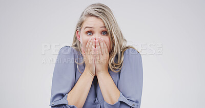 Buy stock photo Surprise, shock and portrait of woman in studio with bad news, announcement and omg. Face expression, wow and cover mouth with model for gossip, secret and drama with wtf on white background space