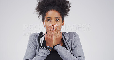 Buy stock photo Surprise, scared and portrait of woman in studio for bad news, announcement or omg. Face expression, shock or cover mouth with African model for horror, fear or wow with wtf on white background space