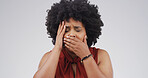 African woman, shocked and news in studio of bad news, fake rumor and unexpected announcement. Overwhelmed, female person and cover mouth for secret gossip, panic and  revelation on white background