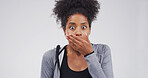Surprise, wow and portrait of woman in studio for bad news, announcement or omg. Face expression, shock or cover mouth with African model for fear, scared or horror with wtf on white background space