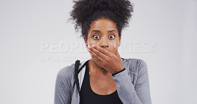 Buy stock photo Surprise, wow and portrait of woman in studio for bad news, announcement or omg. Face expression, shock or cover mouth with African model for fear, scared or horror with wtf on white background space