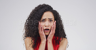 Buy stock photo Portrait, woman and shocked expression in studio for gossip reaction, bad news and fake rumor. Space, female person and scared for horror story, spooky drama and secret revelation on white background