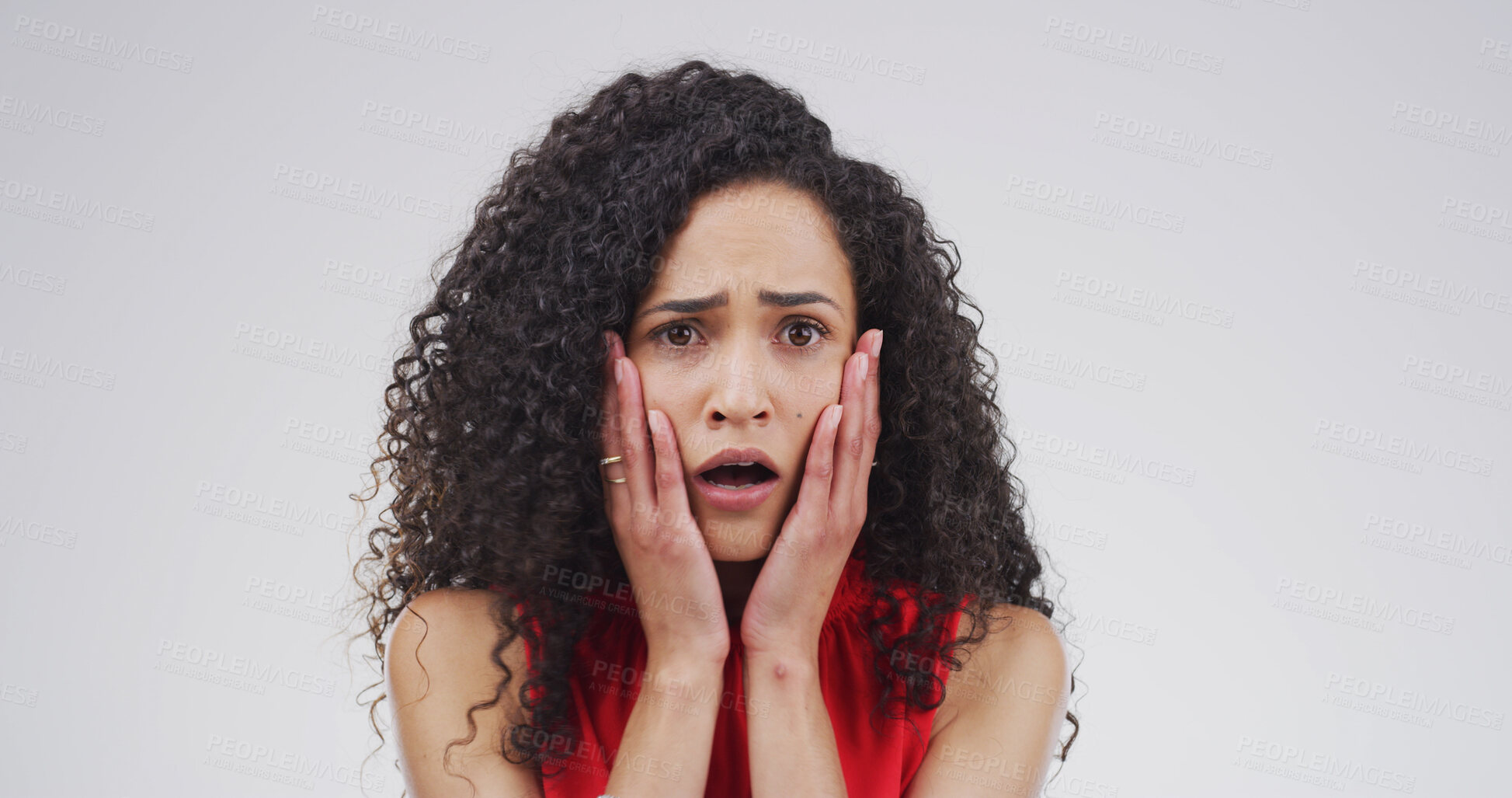 Buy stock photo Portrait, woman and shocked expression in studio for gossip reaction, bad news and fake rumor. Space, female person and scared for horror story, spooky drama and secret revelation on white background