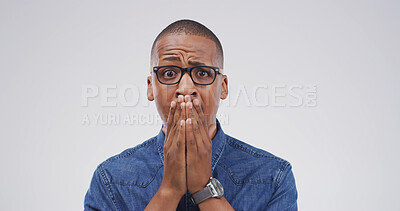 Buy stock photo Portrait, shocked and man with facial expression for news, studio or amazed by revelation or gossip. White background, surprised and black person with reaction for announcement, mind blown and rumor