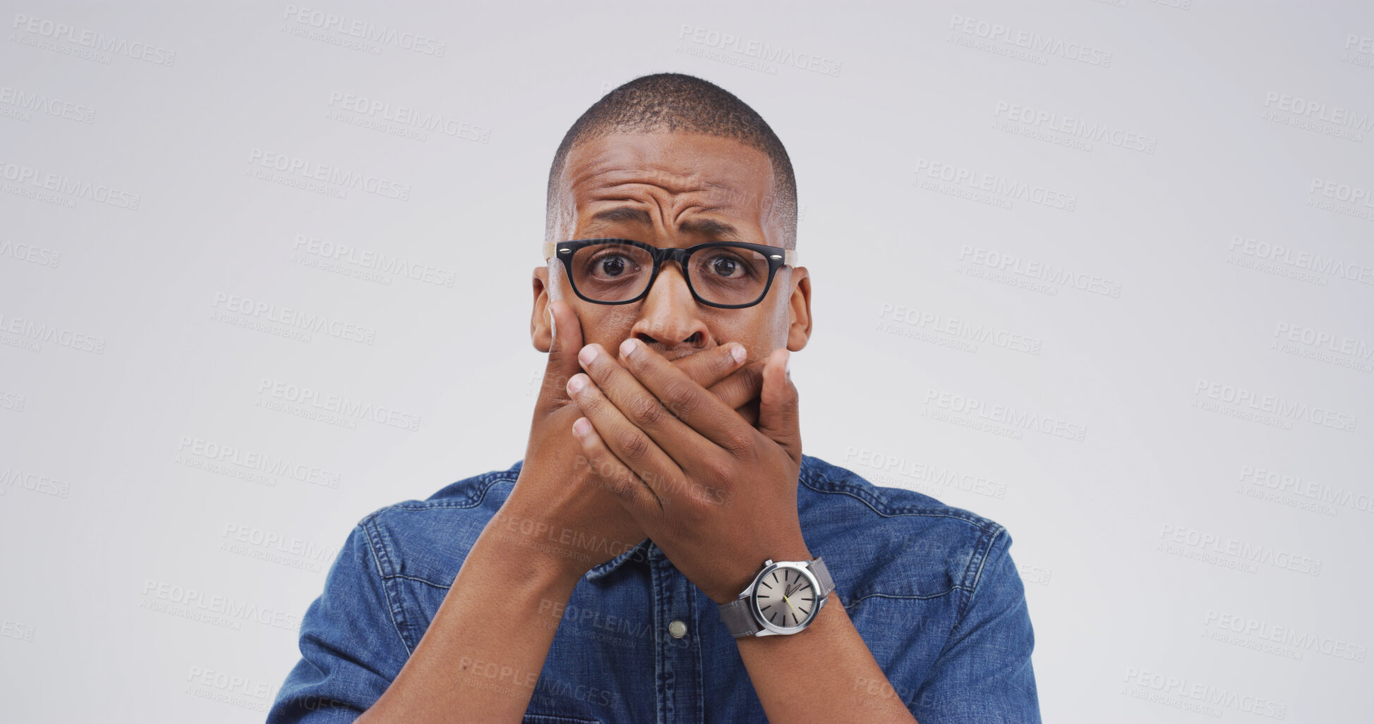 Buy stock photo Portrait, surprised and man with reaction to news, studio or gasp for revelation of secret or rumor. White background, mind blown and black person with facial expression for gossip, amazed or shocked