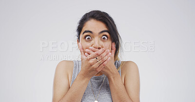 Buy stock photo Scared, portrait and woman with shock in studio for surprise revelation, bad news and overwhelmed. Mockup, witness and person cover mouth with anxiety, terror or unexpected danger on white background