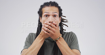 Buy stock photo Shocked, rumor and portrait of man in studio with omg, wow and wtf face expression. Surprise, announcement and male person from Jamaica with reaction to gossip or mind blown by white background.
