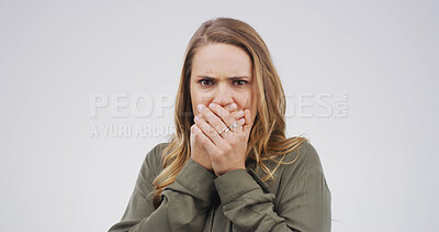 Buy stock photo Scared, shocked and portrait of woman in studio with omg, wtf or wow reaction for news. Emotion, surprise and female person with hands covering mouth for rumor or announcement by white background.