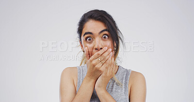 Buy stock photo Portrait, shocked and woman in studio, fear and announcement on white background. Person, phobia and surprise with gossip, scared or notification with space, wow reaction and secret news with mistake