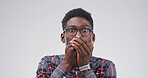 Portrait, black man and shocked expression in studio for gossip reaction, bad news and fake rumor. Male person, space and cover mouth for horror story, scary drama and mind blown on white background