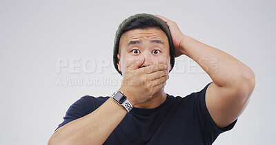 Buy stock photo Surprise, announcement and portrait of man in studio with omg, wow and wtf face expression. Shocked, rumor and Asian male person with reaction to gossip or competition prize by white background.