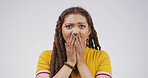 Scared, portrait or girl with shock in studio for traumatic event, bad news or overwhelmed by fear. Mockup, witness and person cover mouth with anxiety, panic or unexpected danger on white background
