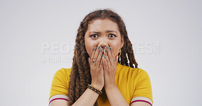 Buy stock photo Scared, portrait or girl with shock in studio for traumatic event, bad news or overwhelmed by fear. Mockup, witness and person cover mouth with anxiety, panic or unexpected danger on white background