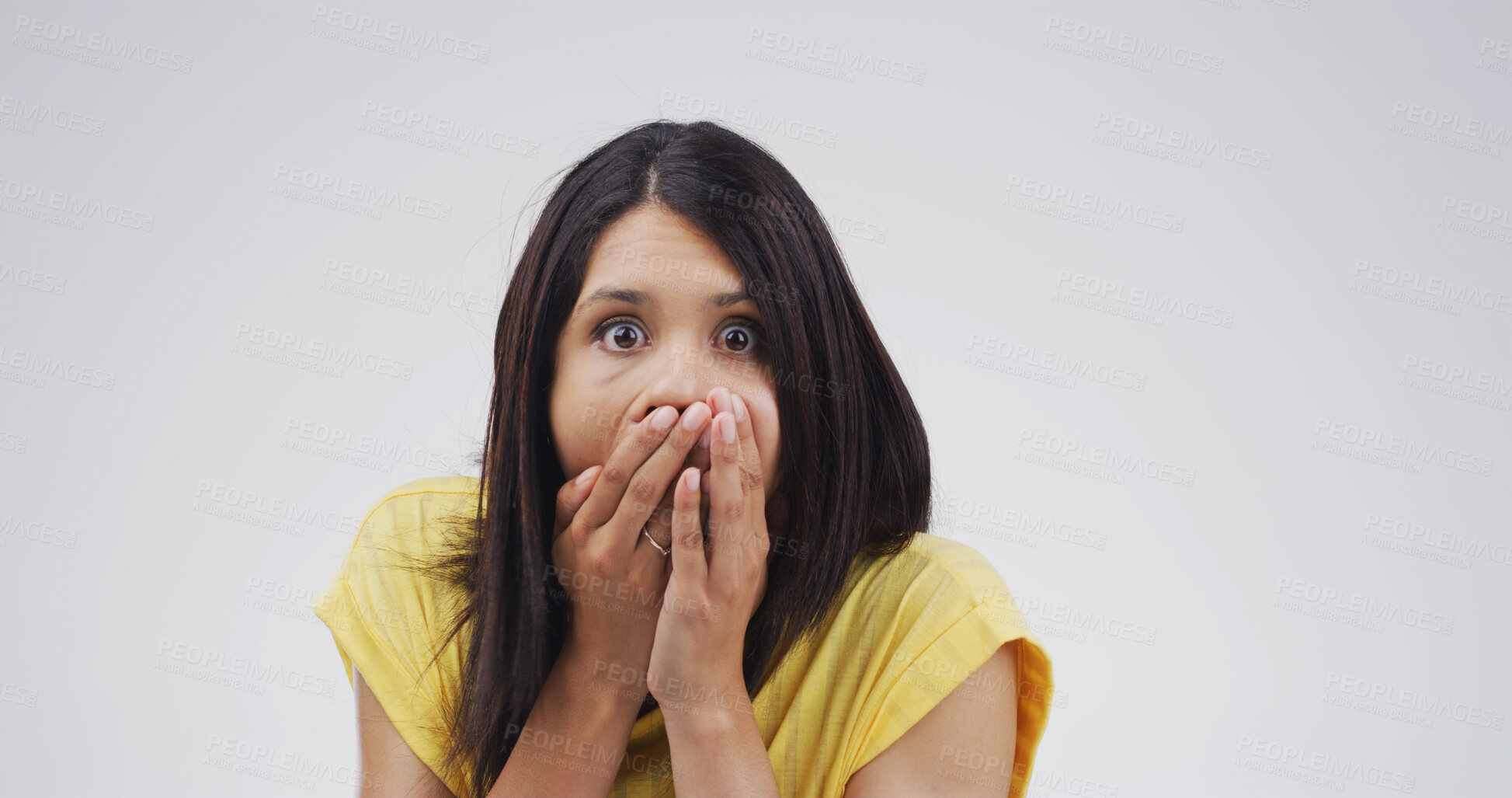 Buy stock photo Surprise, portrait and woman with shock in studio for bad news, trauma witness overwhelmed by fear. Mockup, emoji and person cover mouth with anxiety, panic and horror revelation on white background