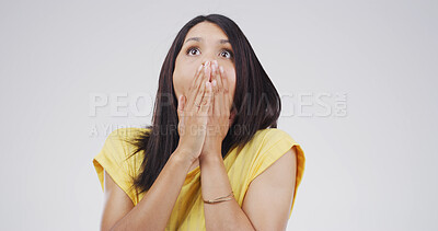 Buy stock photo Surprise, rumor and portrait of woman in studio with omg, wow and wtf face expression. Shocked, announcement and female person with reaction to gossip or competition prize by white background