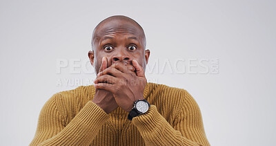 Buy stock photo Surprise, rumor and portrait of black man in studio with omg, wow and wtf face expression. Shocked, announcement and African male person with reaction to gossip or competition by white background