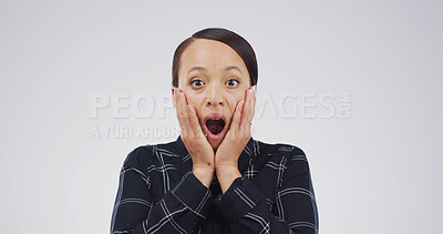 Buy stock photo Portrait, woman and shocked reaction in studio for hearing gossip, bad news and fake rumor. Person, space and facial expression for horror story, danger risk and secret revelation on white background