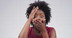 Portrait, surprise and black woman in studio, scared and announcement on white background. Person, phobia and shocked with fear, gossip and notification with drama, wow reaction and secret news