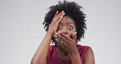 Buy stock photo Portrait, surprise and black woman in studio, horror and announcement on white background. Person, terror and shocked with panic, gossip and notification with drama, wow reaction and secret news