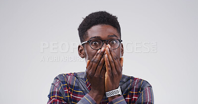 Buy stock photo Portrait, surprise and man with gasp for news, studio or reaction for revelation of secret or shock. White background, mind blown and black person with facial expression for gossip, amazed and rumor