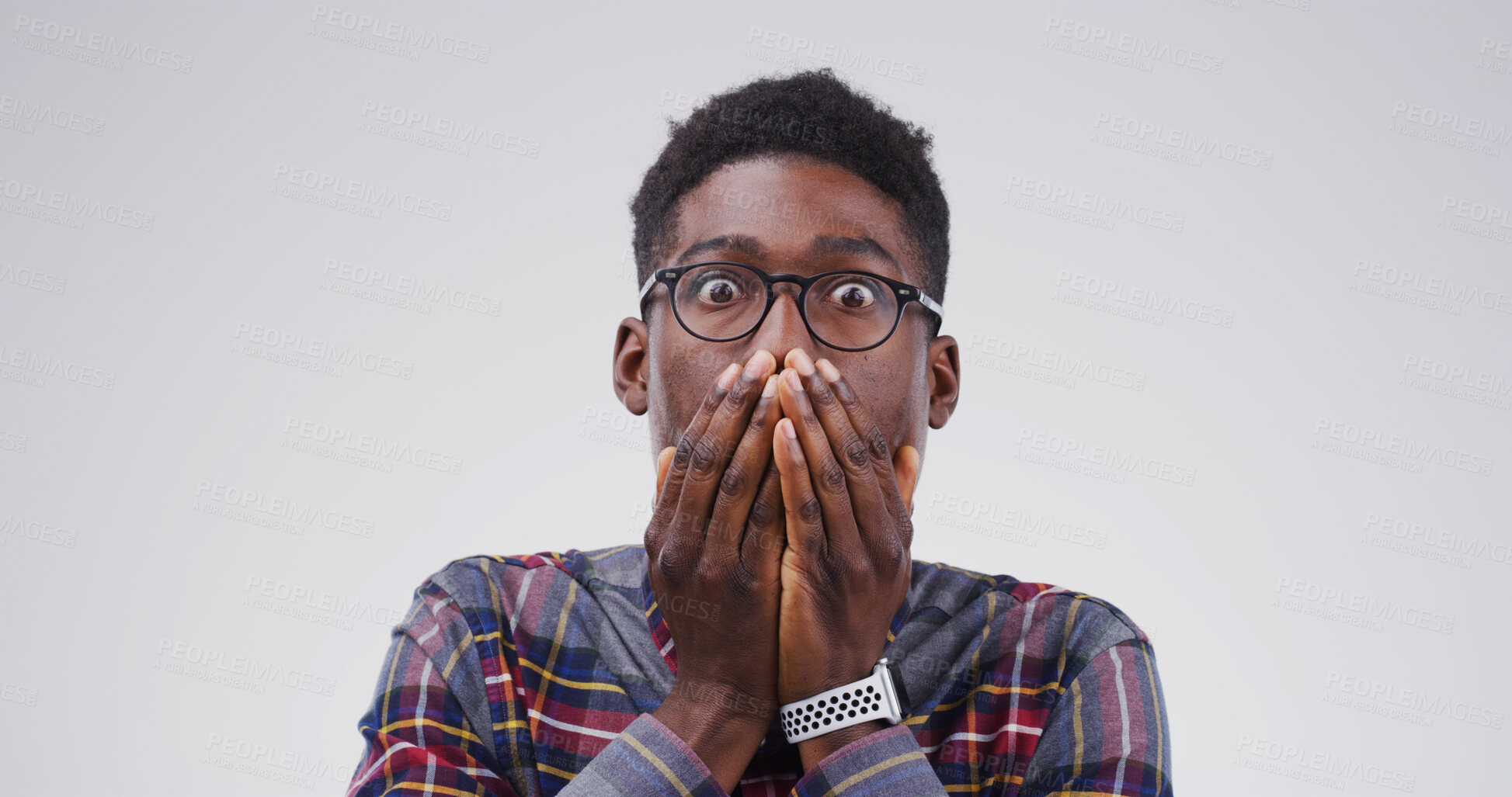 Buy stock photo Portrait, surprised and man with reaction to secret, studio or gasp for revelation of rumor or news. White background, mind blown and black person with facial expression for gossip, amazed or shocked