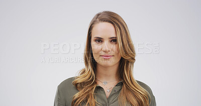 Buy stock photo Beauty, hair and portrait of woman on studio space for conditioner, keratin or shampoo results. Cosmetics, growth and volume with confident person isolated on white background for organic haircare