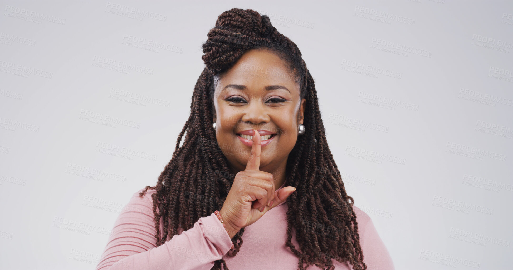 Buy stock photo Black woman, portrait and finger with shush, studio and silence for mystery announcement. Model, gossip and secret with rumor, whisper and gesture for news, opinion and privacy on white background