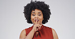 Portrait, woman and silence in studio for secret, gossip or stop on white background space. Quiet, noise or African person with finger on lips for privacy, confidential news or shush sign for whisper