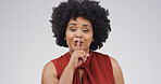 Portrait, woman and quiet in studio to stop noise or gossip on white background space. Silent, secret or African person with finger on lips for privacy, confidential news or shush sign for conspiracy