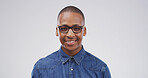 Portrait, geek and black man in studio as student for scholarship, learning or college education. Smile, learner and nerd with glasses for university with happiness on white background space in Kenya