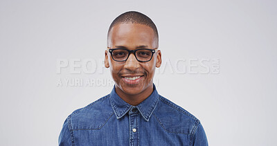 Buy stock photo Portrait, geek and black man in studio as student for scholarship, learning or college education. Smile, learner and nerd with glasses for university with happiness on white background space in Kenya