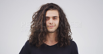 Buy stock photo Portrait, man and haircare with messy hair in studio for natural growth, frizz problem and dry texture. Space, person and tangled of curly hairstyle, split ends and salon disaster on white background