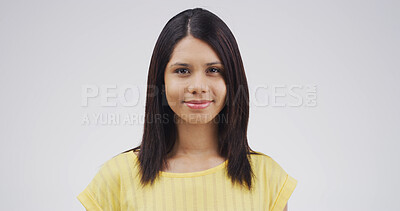 Buy stock photo Education, portrait and smile with woman on studio space for development, learning or university study. College, future and growth with student isolated on white background for knowledge or school