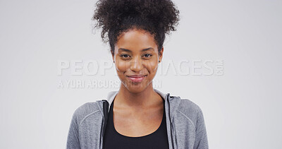 Buy stock photo Education, happy and portrait of woman on studio space for development, learning or university study. College, future and smile with student isolated on white background for knowledge or school